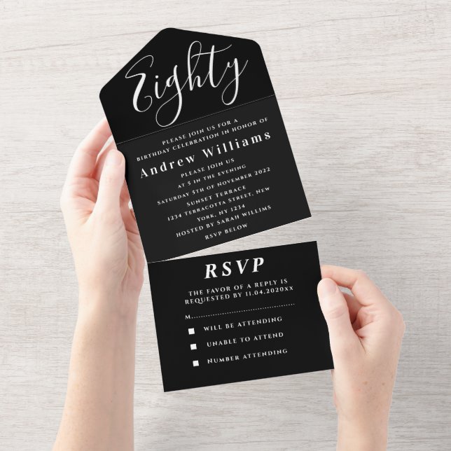 80th Birthday Party Black White Simple Modern All In One Invitation (Tearaway)
