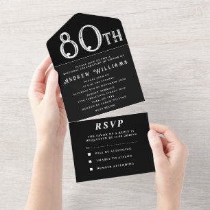 80th Birthday Party Black White Simple Modern All In One Invitation