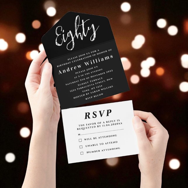 80th Birthday Party Black White Simple Modern All In One Invitation (Creator Uploaded)