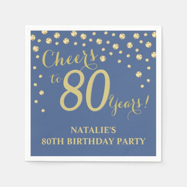 80th Birthday Party Blue and Gold Diamond Napkins (Front)