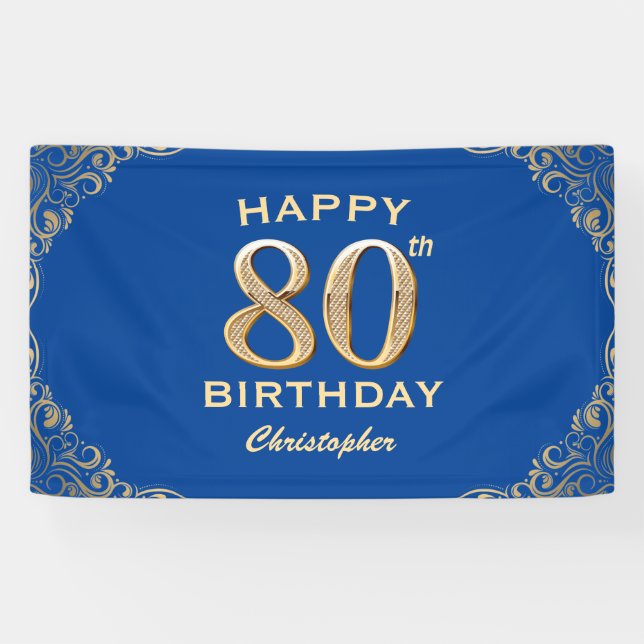 80th Birthday Party Blue and Gold Glitter Frame Banner (Horizontal)