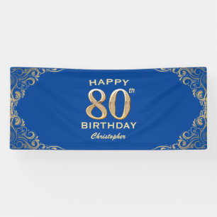 80th Birthday Party Blue and Gold Glitter Frame Banner