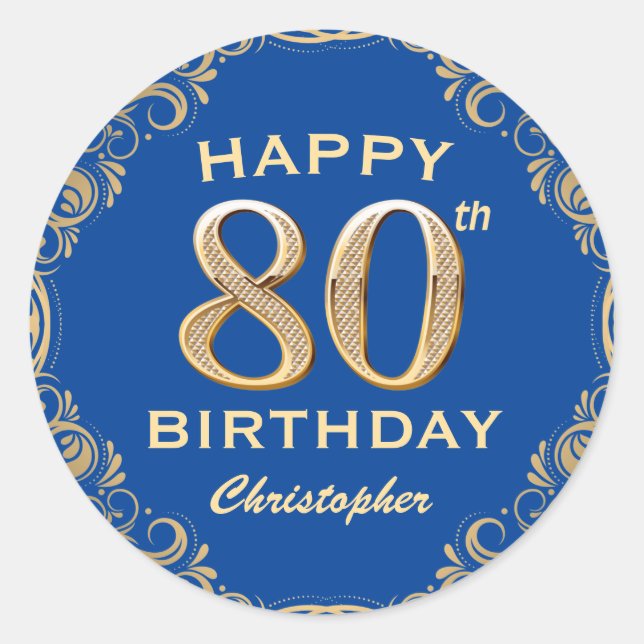 80th Birthday Party Blue and Gold Glitter Frame Classic Round Sticker (Front)