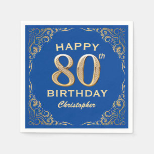 80th Birthday Party Blue and Gold Glitter Frame Napkin