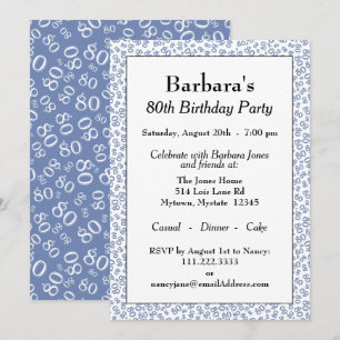 80th Birthday Party Blue and White Number Pattern Invitation