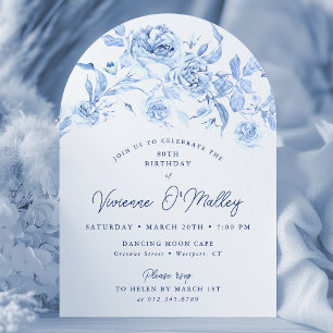 80th Birthday Party Blue Floral Arch Shape Invitation