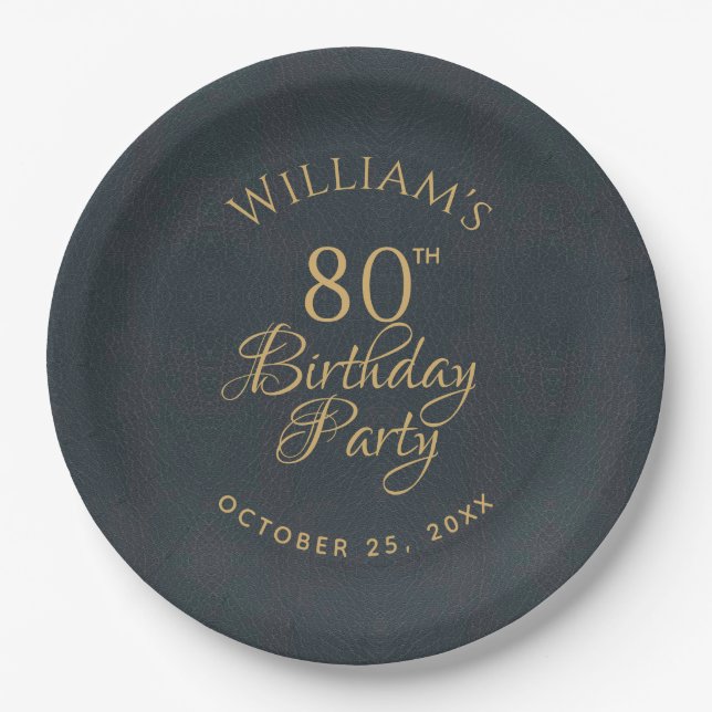 80th Birthday Party Blue Gold Elegant Calligraphy Paper Plate (Front)