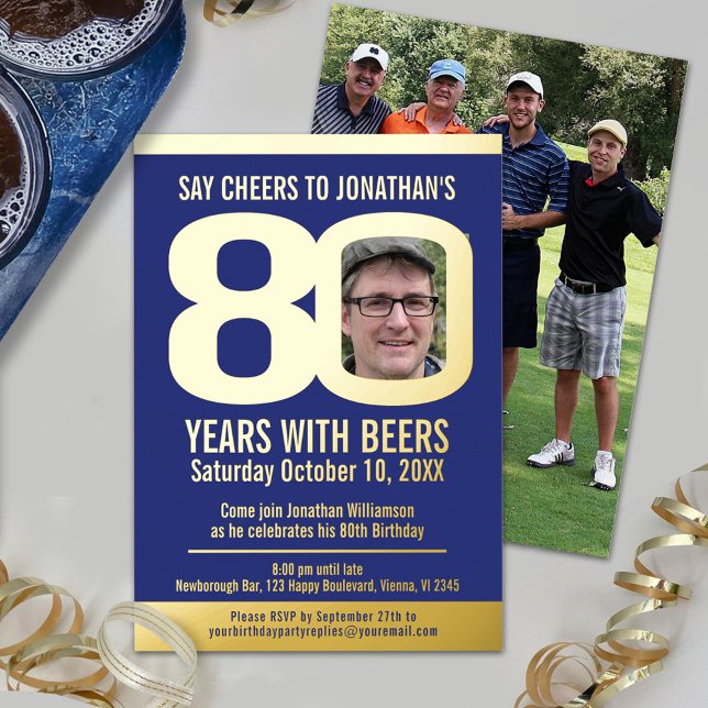 80th Birthday party blue gold foil photo beer (Creator Uploaded)