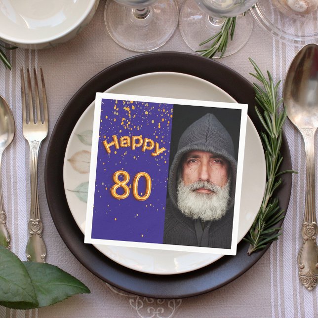 80th birthday party blue gold photo napkin (Creator Uploaded)