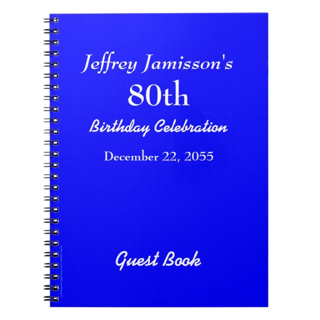 80th Birthday Party Blue Guest Book, Name, Spiral Notebook (Front)