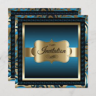 80th Birthday Party Blue Metallic & Gold Invitation