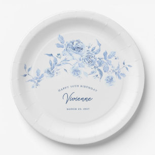80th Birthday Party Blue Rose Floral Custom Paper Plate