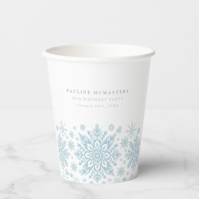 80th Birthday Party Blue White Snowflake Custom Paper Cups (Front)