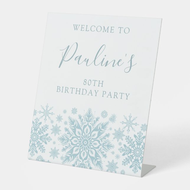 80th Birthday Party Blue White Snowflake Welcome  Pedestal Sign (Front)