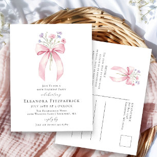 80th Birthday Party Blush Pink Bow Wildflower Invitation Postcard