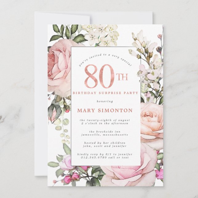80th Birthday Party Blush Pink Rose Floral Invitation (Front)