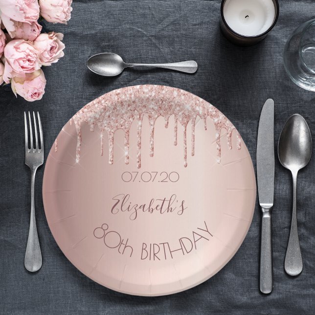 80th birthday party blush rose gold glitter drips paper plate (Creator Uploaded)