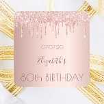 80th birthday party blush rose gold glitter drips square sticker<br><div class="desc">A sticker for a girly and glamourous 80th birthday party. A faux rose gold metallic looking background with an elegant faux rose gold glitter drips, paint drip look. The text: The name is written in dark rose gold with a large modern hand lettered style script. Template for name, age 80...</div>