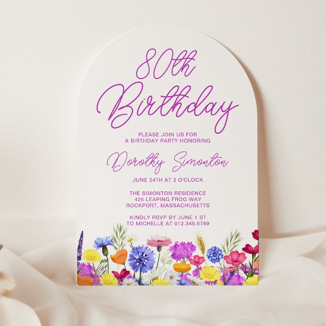80th Birthday Party Boho Purple Wildflower Arch Invitation (Creator Uploaded)