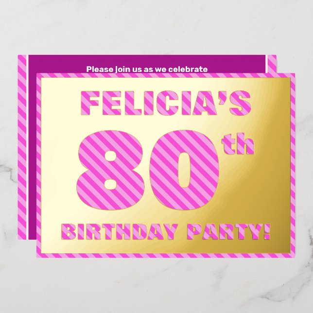 80th Birthday Party — Bold, Fun, Pink Stripes # 80 (Front/Back)