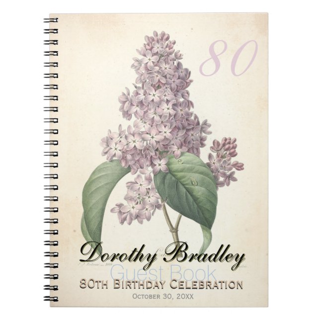 80th Birthday Party Botanical Lilac Guest Book (Front)