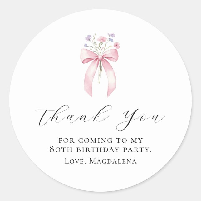 80th Birthday Party Bow Custom Thank You Favour Classic Round Sticker (Front)