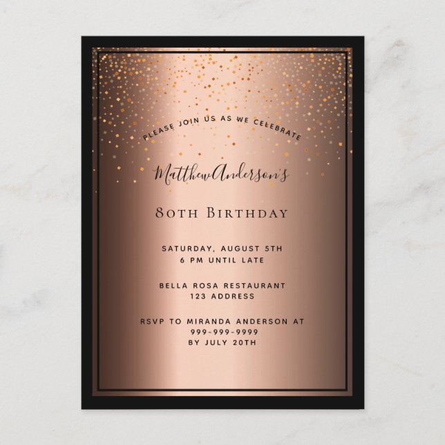 80th Birthday Party bronze brown black invitation Postcard (Front)