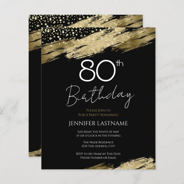 80th Birthday Party Budget Gold Black Invitation (Front/Back)