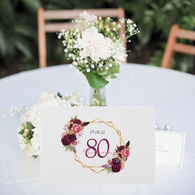 80th birthday party burgundy floral geometric guest book (Creator Uploaded)