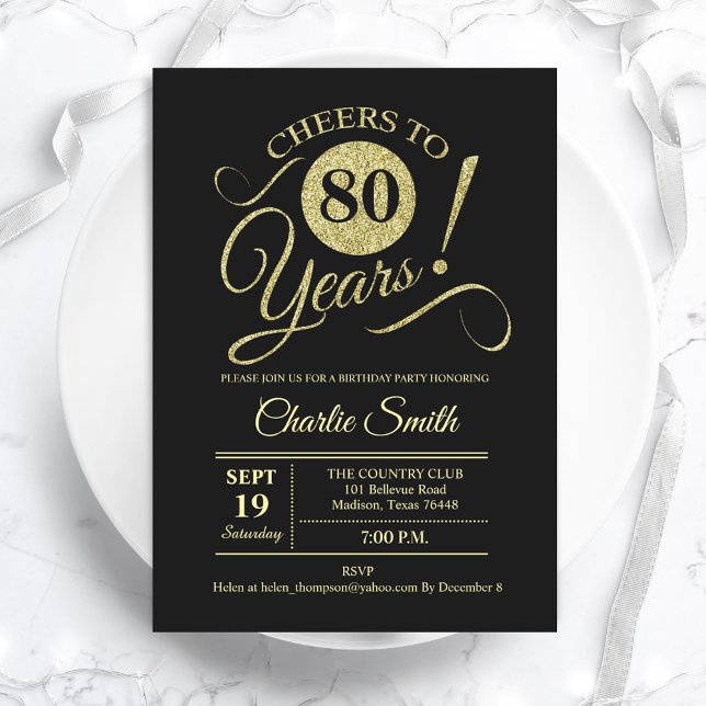 80th Birthday Party - Chalkboard Gold Invitation (Creator Uploaded)