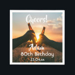 80th birthday party cheers beer guys men napkin<br><div class="desc">A napkin for a 80th birthday party for a guy. Photo of two hands holding bottles of beer against the evening sunset. Keep the photo or add yours. With the text: Cheers to, templates for a name age 80 and a date. Date of birth or the date of the party....</div>