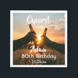 80th birthday party cheers beer guys men napkin<br><div class="desc">A napkin for a 80th birthday party for a guy. Photo of two hands holding bottles of beer against the evening sunset. Keep the photo or add yours. With the text: Cheers to, templates for a name age 80 and a date. Date of birth or the date of the party....</div>