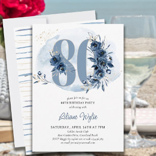 80th Birthday Party Coastal Blue Floral Number 80 Invitation