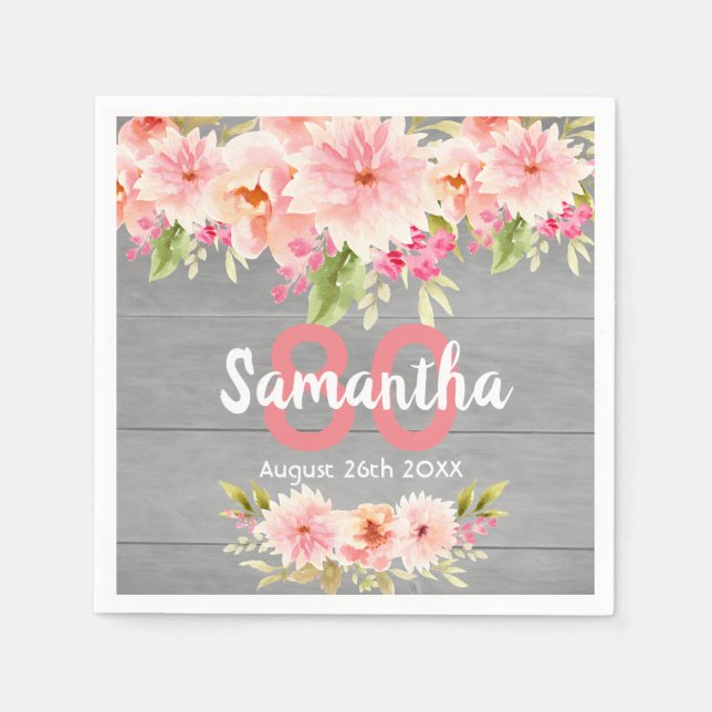 80th birthday party coral dahlia flowers grey napkin (Front)