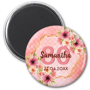80th birthday party coral gold flowers hexagon magnet