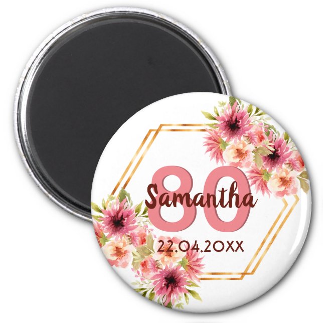 80th birthday party coral gold flowers hexagon magnet (Front)