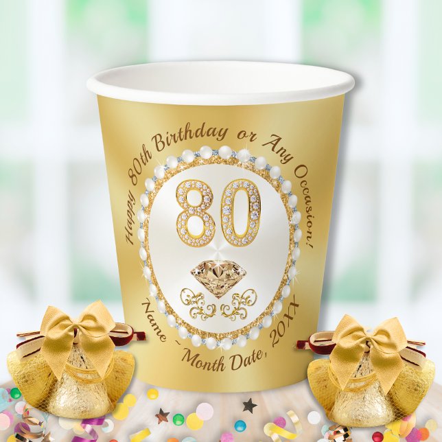 80th Birthday Party Cups, Ivory Pearls, Gold,  Paper Cups (80th birthday party supplies. Personalized Birthday paper cups. Birthday paperware. Pearls, Diamonds)