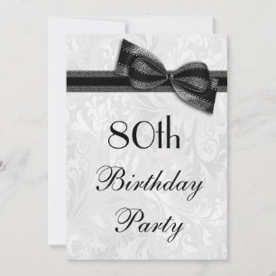 80th Birthday Party Damask and Faux Bow Invitation