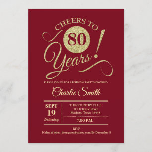 80th Birthday Party - Dark Red Gold Invitation