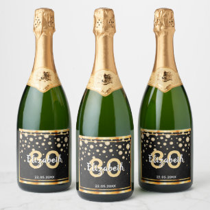 80th birthday party diamonds glitter black gold sparkling wine label