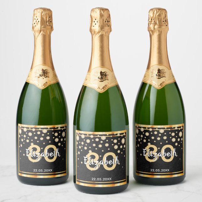 80th birthday party diamonds glitter black gold sparkling wine label (Bottles)