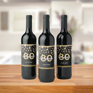80th birthday party diamonds glitter black gold wine label
