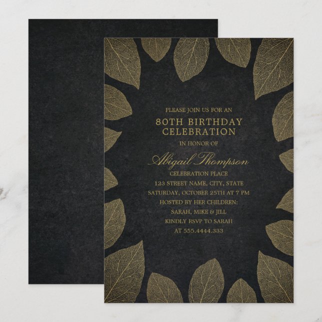 80th Birthday Party Elegant Black Gold Leaves Invitation (Front/Back)