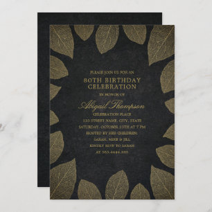 80th Birthday Party Elegant Black Gold Leaves Invitation