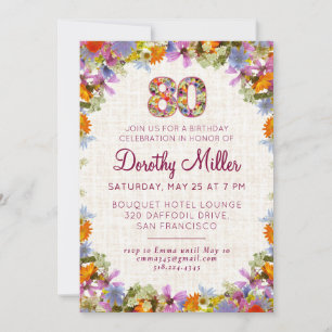 80th Birthday Party – Elegant Floral Linen Design Invitation
