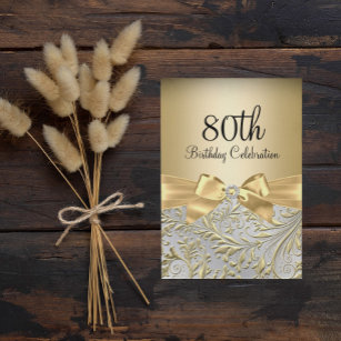 80th Birthday Party Elegant Gold Bow Floral Swirl Invitation