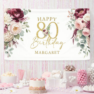 80th Birthday Party Elegant Gold Burgundy & Blush Banner
