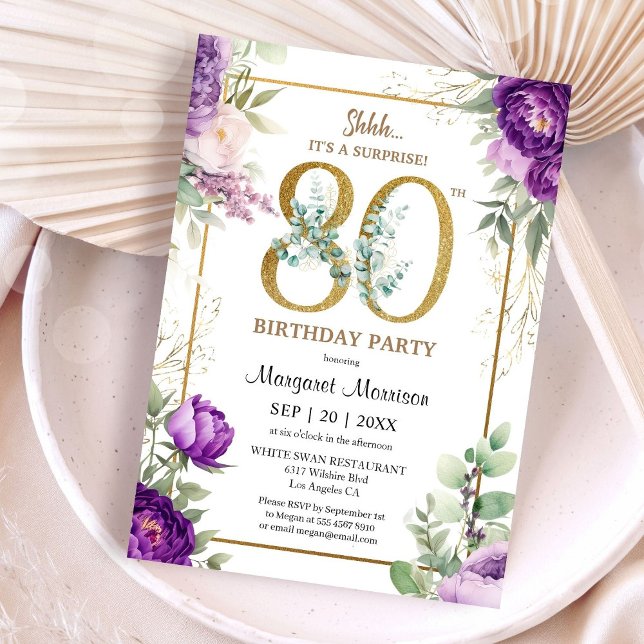 80th Birthday Party Elegant Gold Purple Peony Invitation (Creator Uploaded)