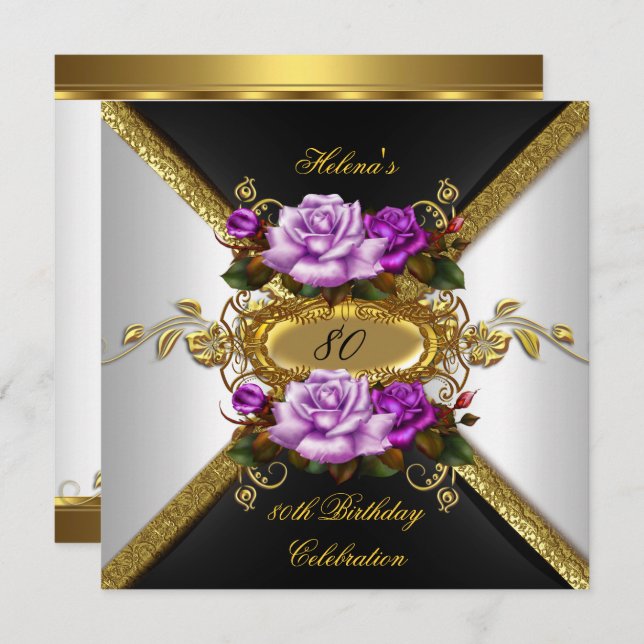 80th Birthday Party Elegant Purple Gold Roses 4 Invitation (Front/Back)