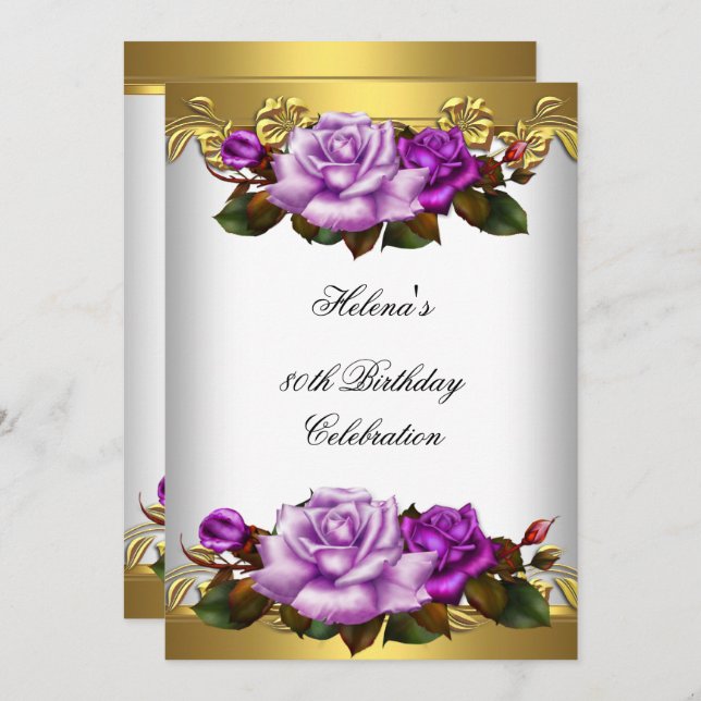 80th Birthday Party Elegant Purple Gold Roses Invitation (Front/Back)